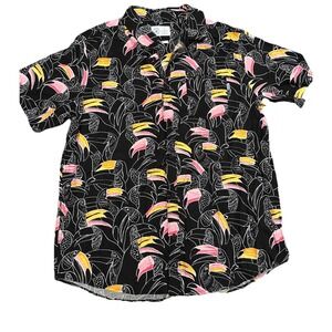 Hurley‎ Toucan Hawaiian Shirt Men's SZ L Short Sleeve Black Bright Tropical